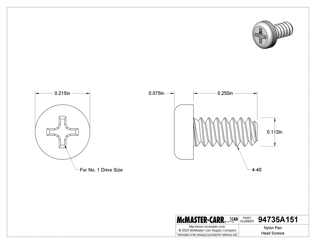 Technical Drawing of Nylon Pan Head Screws, Phillips, 4-40 Thread, 1/4" Long.